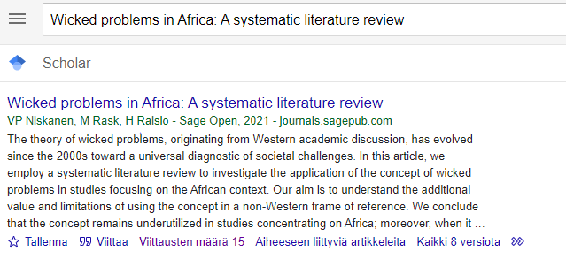 Kuvakaappaus Google Scholarin hausta, haun "Wicked problems in Africa: A systematic literature review" hakutulos.