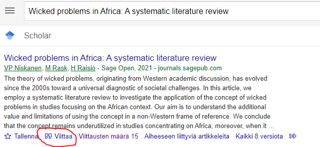 Kuvakaappaus Google Scholarin hausta, haun "Wicked problems in Africa: A systematic literature review" hakutulos. "Viittaa"-linkki on korostettu ympyröimällä.
