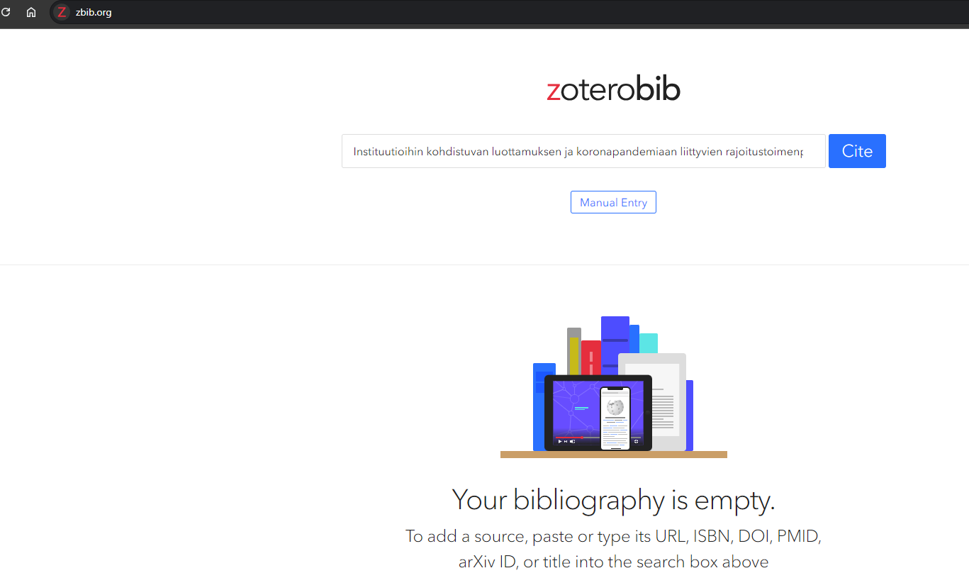 Kuvakaappaus ZoteroBibin etusivulta, hakukentässä artikkelin "Instituutioihin kohdistuvan luottamuksen ja
koronapandemiaan liittyvien rajoitustoimenpiteiden
dynamiikat Suomessa" otsikko.