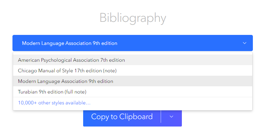 ZoteroBibin pudotusvalikko eri viittaustyyleistä. Korostettuna Modern Language Association -viittaustyyli sekä American Psychological Association 7th edition -viittaustyyli.
