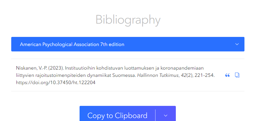 Kuvakaappaus ZoteroBibin Bibliography-kohdasta. Näyttää valmiin lähdeviitteen APA 7 -muodossa esimerkkiartikkelille.